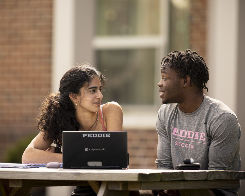A boy and girl studying at a picnic table